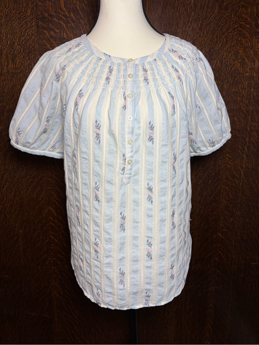 Loft Light Blue Striped Puff-Sleeve Women's Button 100% Cotton Top